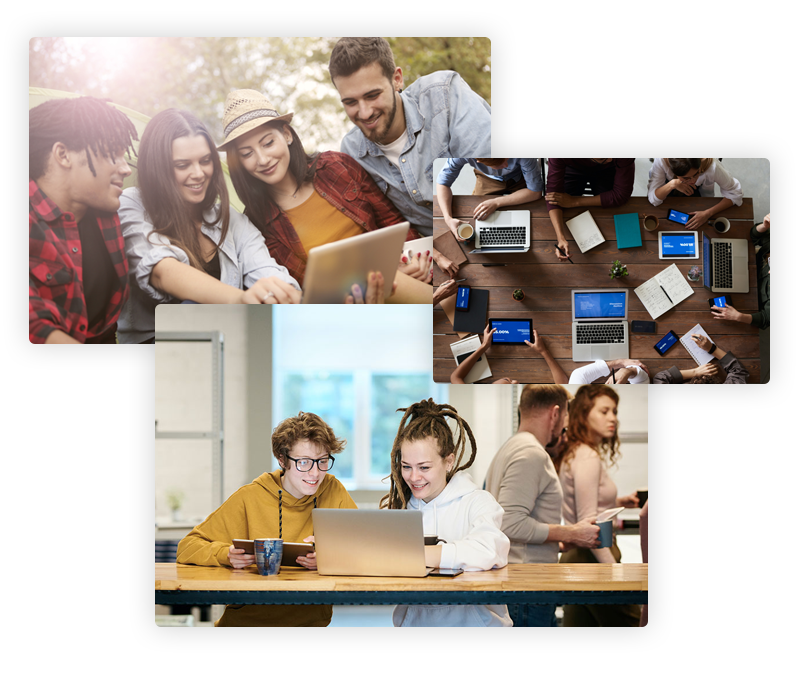 Collage of people working on different projects in an office